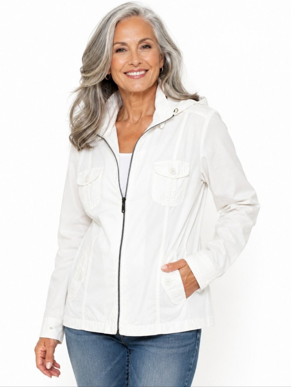 Women Sonoma White Hooded Cotton Utility Jacket (Size:XL)